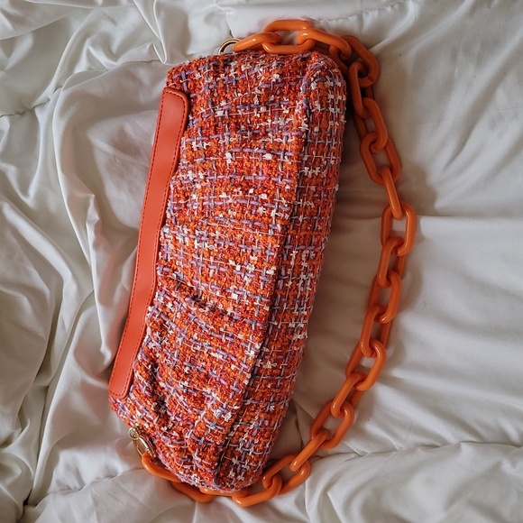 ANN TAYLOR Handbags Purse Tweed Frame Clutch Orange Spark - Picture 3 of 8